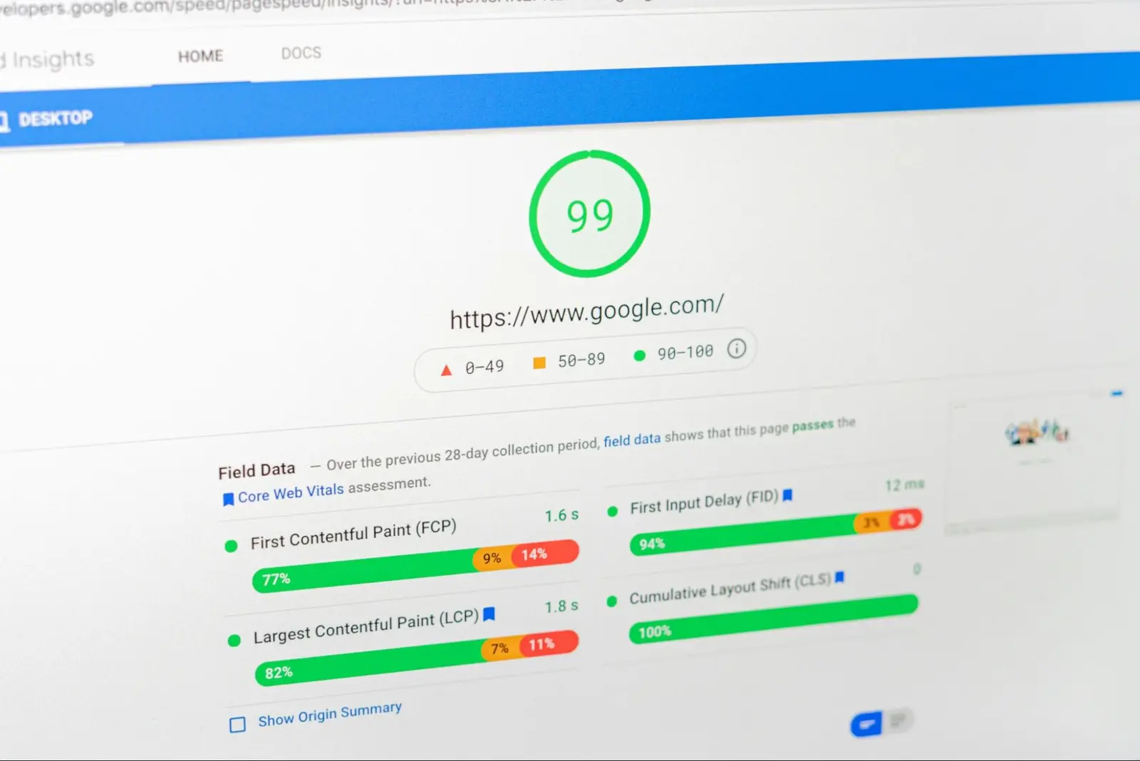 Google PageSpeed Insights report with a performance score of 99 and a site’s Core Web Vitals