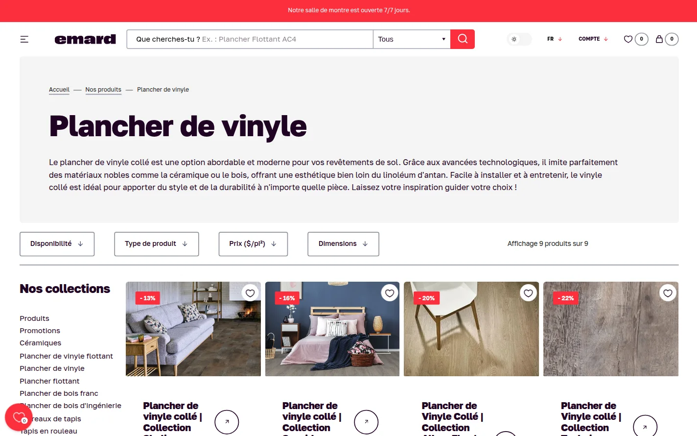The vinyl flooring collection page on emardcp.com