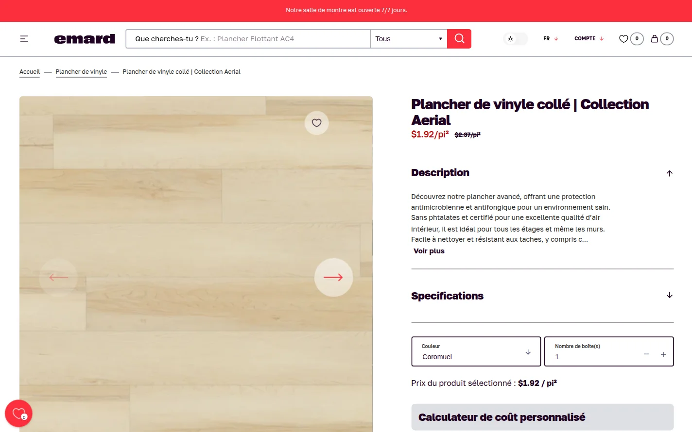 A glue-down vinyl flooring product page on emardcp.com
