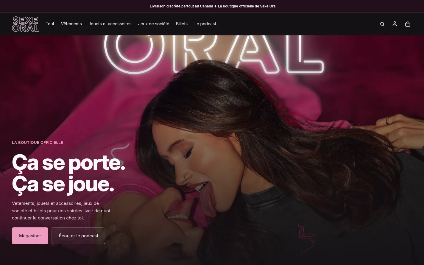 Page d’accueil de la boutique Shopify officielle de Sexe Oral