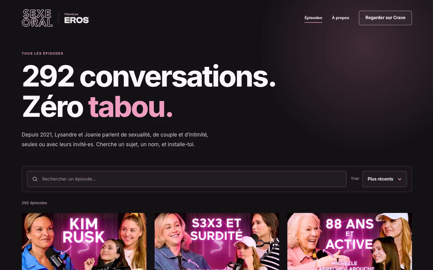 Page Épisodes de sxoral.com avec la recherche et les 292 épisodes