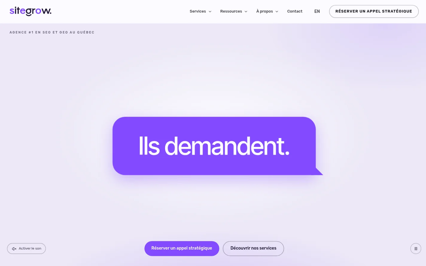Page d’accueil du nouveau site de Sitegrow