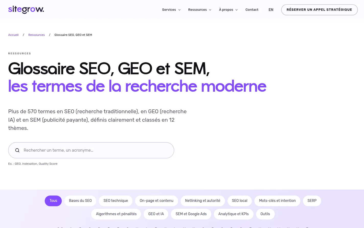 Glossaire SEO, GEO et SEM de Sitegrow