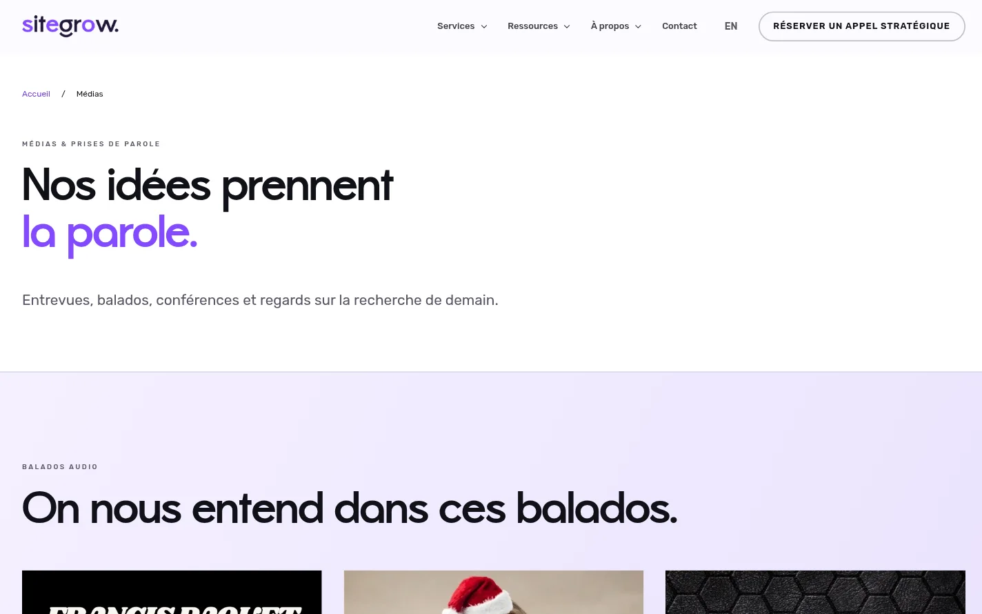Page Médias de Sitegrow : balados, conférences et entrevues