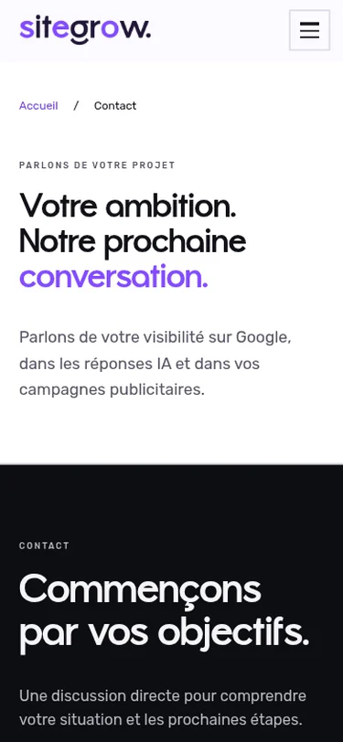 Page Contact de Sitegrow sur téléphone