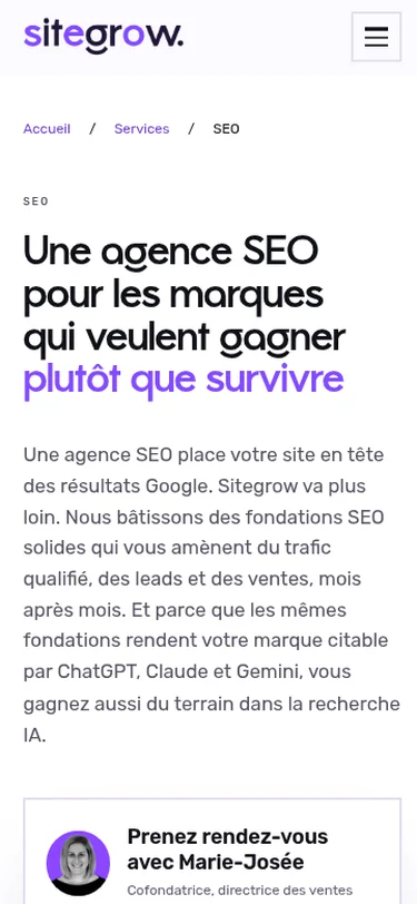Page du service SEO de Sitegrow sur téléphone