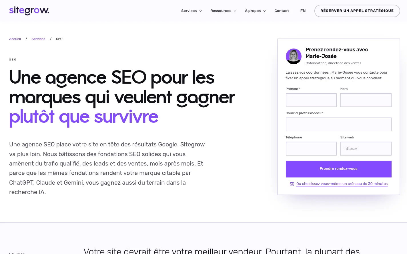 Page du service SEO du nouveau site de Sitegrow
